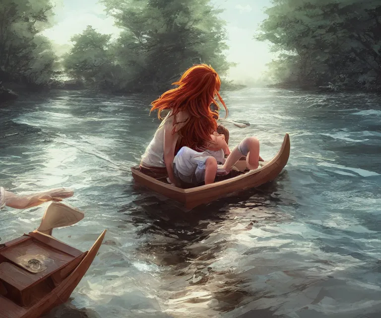 Prompt: one girl with long, flowing auburn hair, and one boy with short brown hair sitting together in one single small wooden paddle boat sailing down a narrow river in a forest, rocky shore, trees, shady, blue waters, ripples, waves, reflections, details, sharp focus, illustration, by Jordan Grimmer and greg rutkowski, Trending artstation, pixiv, digital art