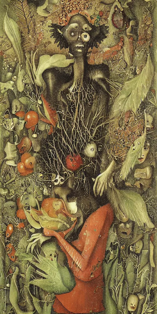 Prompt: portrait of a teenage zombie dissolving in a field of foliage, botanicals, fruit and feathers, highly detailed, fantasy art, in the style of hieronymous bosch, cartoonish, whimsical