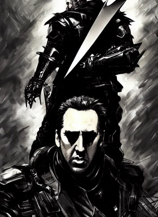 Image similar to Full body portrait of giant Nicholas Cage with a giant black blade. In style of Yoji Shinkawa and Hyung-tae Kim, trending on ArtStation, dark fantasy, great composition, concept art, highly detailed, dynamic pose.