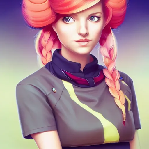 Image similar to British Pokemon original character with wild peach colored hair, Pixar style, beautiful woman, scientist, by Tristan Eaton Stanley Artgerm and Tom Bagshaw, Makoto Shinkai ilya kuvshinov and Wojtek Fus