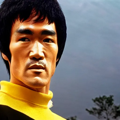 Image similar to 8 k portrait photograph of bruce lee standing in front of a wafflehouse