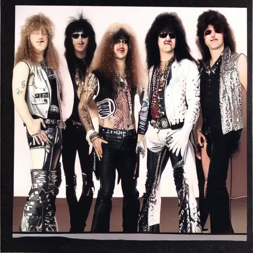 Prompt: 1 9 8 0 s hair metal band promo photo, fine detailed, photorealistic, portrait