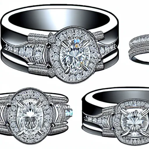 Image similar to engagement ring with two diamonds outside and one in the middle. concept art, victorian, multiple angles, schematic