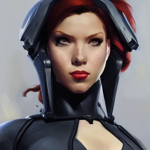 Image similar to greg manchess portrait painting of black widow as overwatch character, medium shot, asymmetrical, profile picture, organic painting, sunny day, matte painting, bold shapes, hard edges, street art, trending on artstation, by huang guangjian and gil elvgren and sachin teng