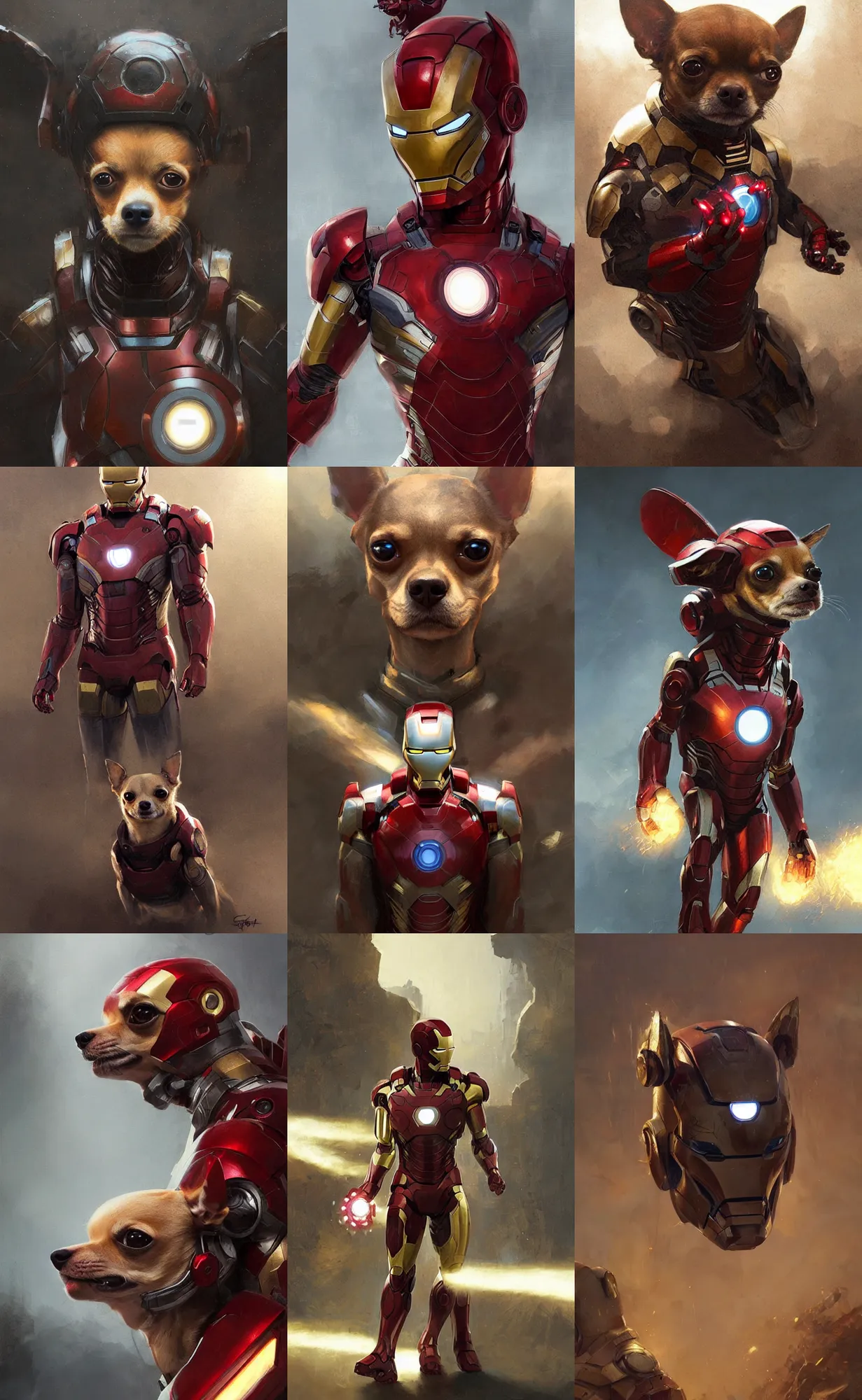 Prompt: a chihuahua as iron man, concept art, detailed face, fantasy, highly detailed, cinematic lighting, digital art painting by greg rutkowski