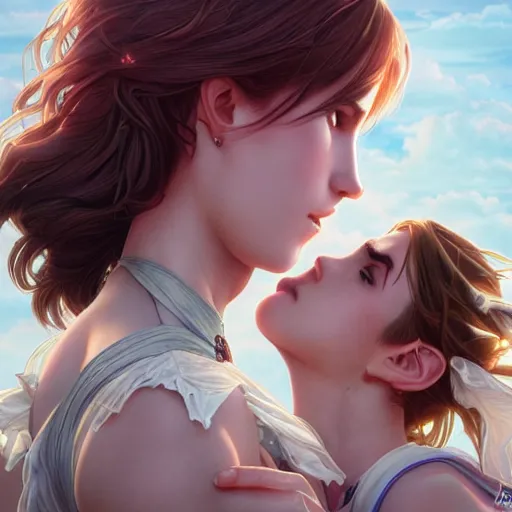 Image similar to ultra realistic illustration, bella thorne and emma watson kissing anime, intricate, elegant, highly detailed, digital painting, artstation, concept art, smooth, sharp focus, illustration, art by artgerm and greg rutkowski and alphonse mucha and wlop