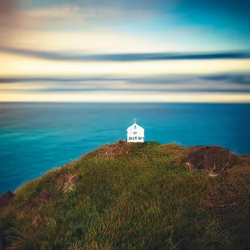 Image similar to micro - hurricane, blue hour, deep blue atmosphere, scattered islands, sea, ocean, royal blue sky, low pressure system, cloud with eye, very windy, late evening, distant hotel retreat on cliffside, polaroid photograph