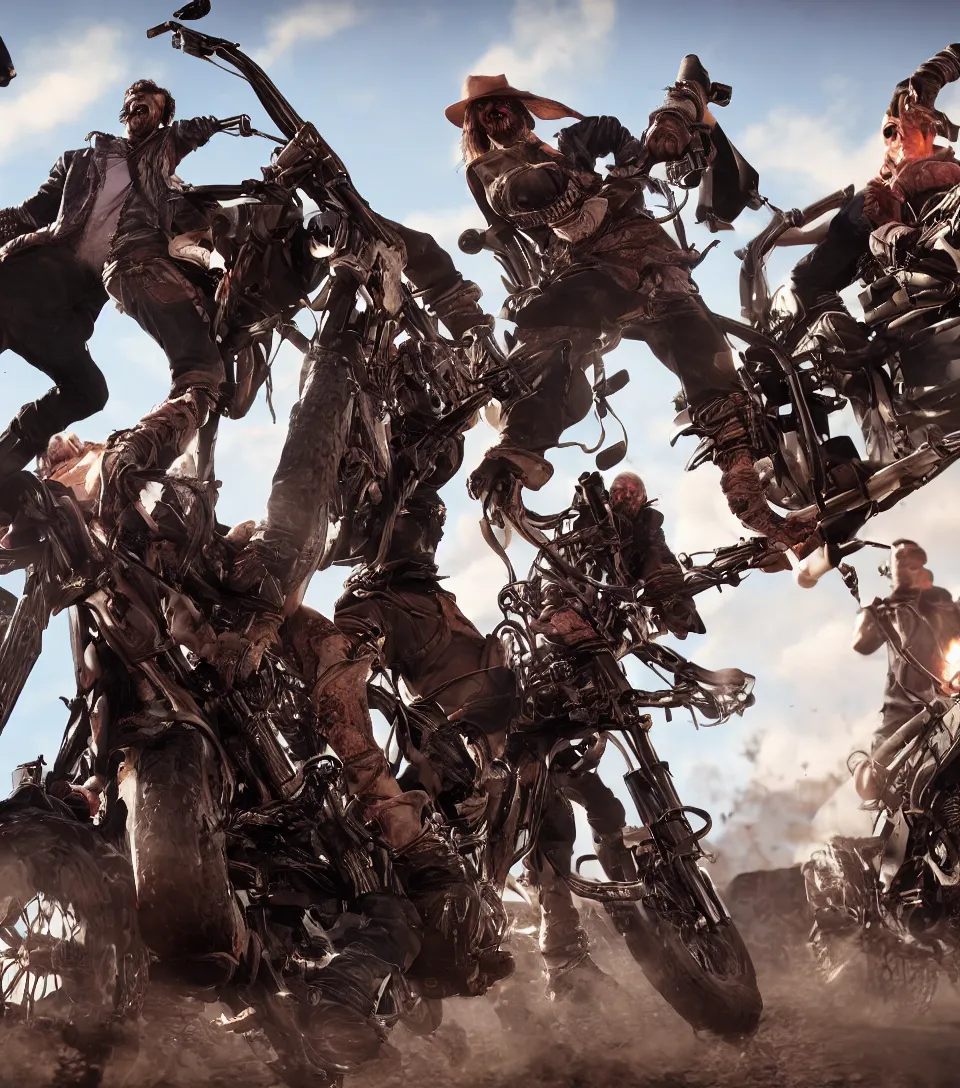 Prompt: hyper realistic undead outlaw bikers in epic focus, dramatic lighting, highly detailed, octane, unreal 5