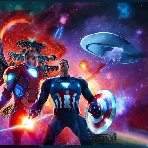 Image similar to the avengers battle one eldritch horror garfield in space, galaxy, hd, 8 k, explosions, gunfire, lasers, giant, epic, colorful, realistic photo, unreal engine, stars, prophecy, powerful, cinematic lighting, destroyed planet, debris, justice league, movie poster, violent, sinister, ray tracing, dynamic, print, epic composition