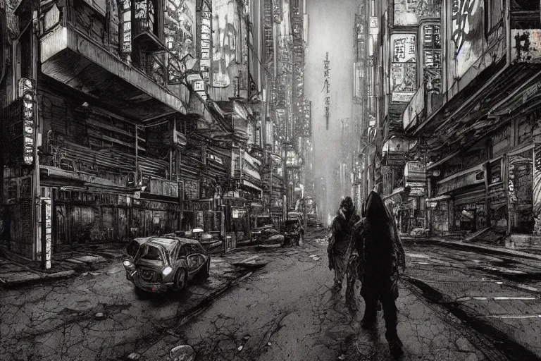 Prompt: detailed ultra - realistic graphic novel illustration of cyberpunk postapocalyptic desolate tokyo street by edward hopper, cinematic, full shot, ian miller, wayne barlowe, beksinski, giger, greg rutkowski