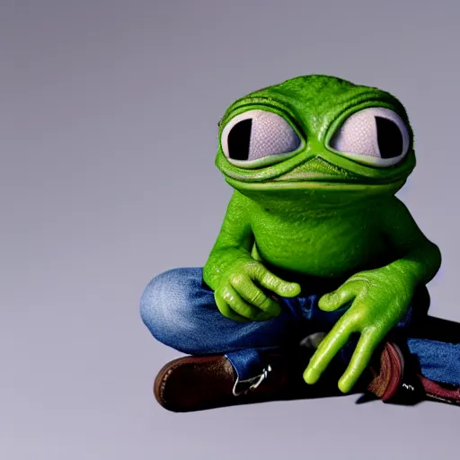 Image similar to perfectly accurate miniature figure of pepe the frog wearing jeans and a black leather jacket, soft textures, skin texture, clothing, 3d sculpture, textured, fine detail, lifelike, photo, high resolution, octane render, post processing, after effects, trending on artstation