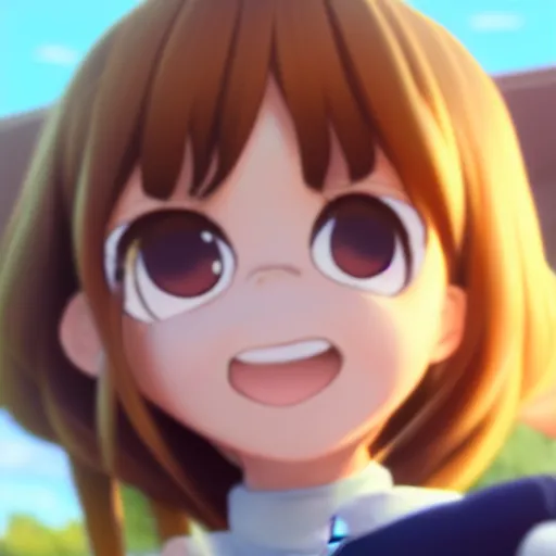 Image similar to A portrait of Ochako Uraraka, a cute 3d cgi toon young woman, in the center midground, medium shot, mid-shot, hyperdetailed, 8k, trending on artstation, as a Pixar character