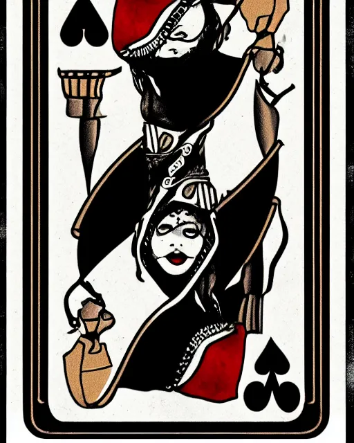 Image similar to queen of spades playing card in the style of tom bagshaw