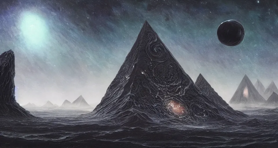 Prompt: black lovecraftian eldritch!! large obsidian pyramid!! surrounded by black motionless sea, endless cosmic sinister space!, bright stars, infinite nebula, sky background by eugene von guerard, ivan shishkin, night, concept art, trending on artstation, 8 k