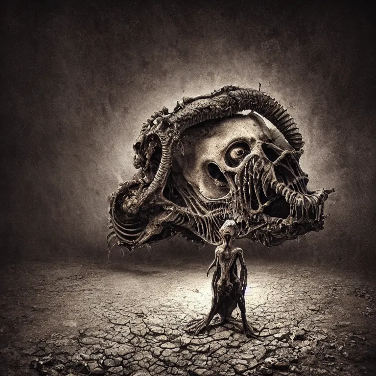 Image similar to ribbed abandoned animal portrait, baroque painting, standing in a desolate empty wasteland, creepy, nightmare, dream-like heavy atmosphere, surreal abandoned buildings, beautiful detailed intricate insanely detailed octane render trending on Artstation, 8K artistic photography, photorealistic, chiaroscuro, Raphael, Caravaggio, Beksinski, Giger