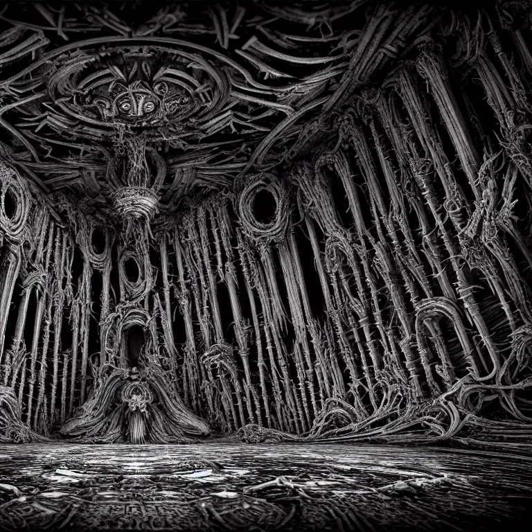 Image similar to ribbed surreal abandoned symmetrical baroque alien temple exterior on exoplanet, covered with spikes, in a desolate empty wasteland, creepy, nightmare, dream-like heavy atmosphere, surreal abandoned buildings, beautiful detailed intricate insanely detailed octane render trending on Artstation, 8K artistic photography, photorealistic, chiaroscuro, Raphael, Caravaggio, Beksinski, Giger