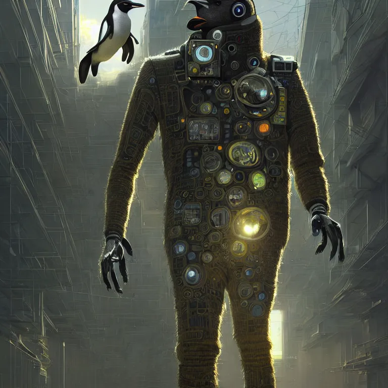 Image similar to A solarpunk very highly detailed Anthropomorphic cybertronic penguin wearing sport suit with very highly detailed face on the street of a very highly detailed solarpunk city digital rational painting art by Greg Rutkowski, sci-fi highly detailed, digital concept art, Volumetric natural light, sharp focus, Golden Ratio illustration, realistic concept art by Stephen Hickman and James Gurney and Hiromasa Ogura Ghost in the Shell rendered in VRAY, From the distance