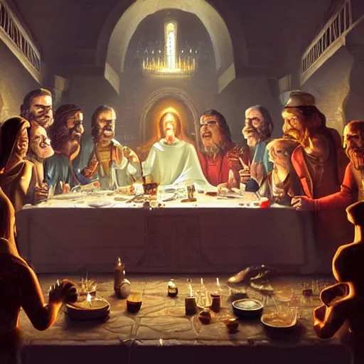 Image similar to Futurama characters at the Christ's last supper. Perfect composition. Very very beautiful digital art in style of Greg Rutkowski, intricate stunning texture and details, fine detailed face. Trending on artstation. Dramatic lighting