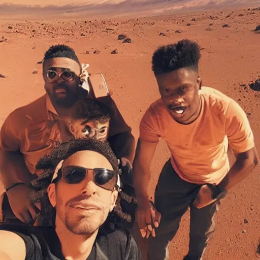 Prompt: me and the homies chilling in mars, selfie, instagram post, detailed, mars