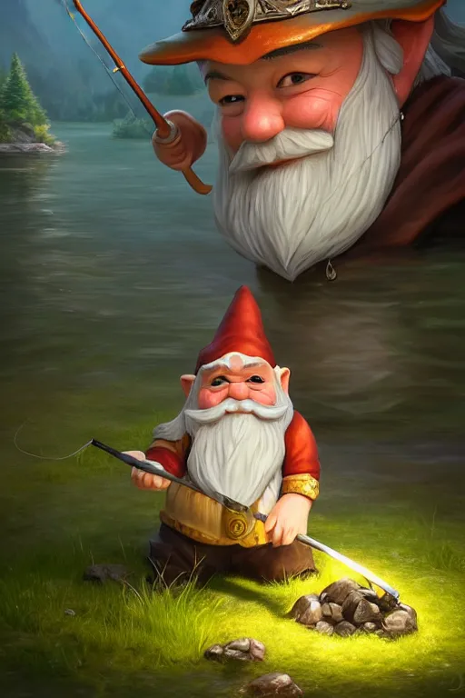 Image similar to legendary elegant gnome fishing in lake, highly detailed, d & d, fantasy, highly detailed, digital painting, trending on artstation, concept art, sharp focus, illustration, global illumination, ray tracing, realistic shaded, art by artgerm and greg rutkowski and fuji choko and viktoria gavrilenko and hoang lap