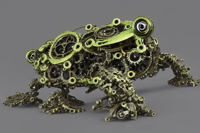 Prompt: cyberpunk frog made of cogs and gears, futuristic robot frog, professional close - up, intricate detail, 4 k hd render, ultra realistic