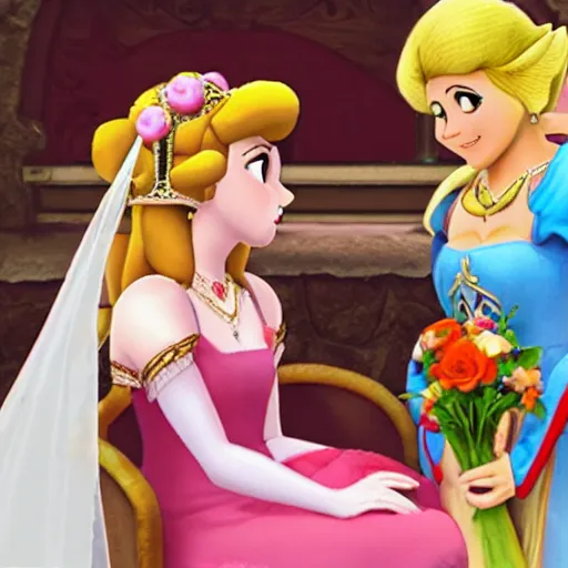 Prompt: the lesbian wedding of princess peach and princess zelda, photo, photograph, film