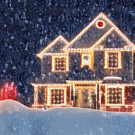 Image similar to a big wonderful house in the american suburbs decorated in christmas lights, shot from across the street, during the night, snow is falling to the ground