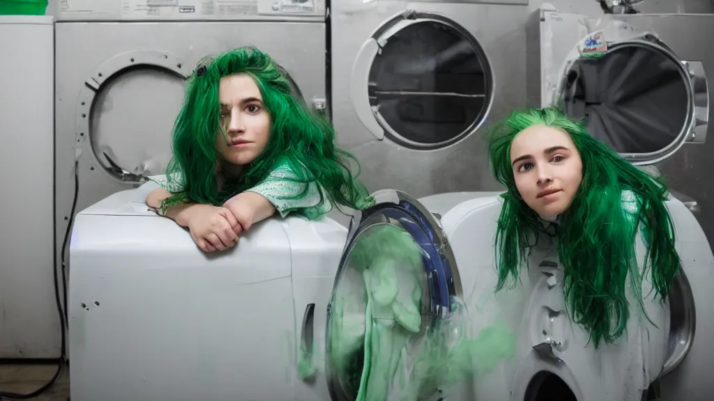 Image similar to a girl with green hair sitting on top of a washing machine in a laundromat