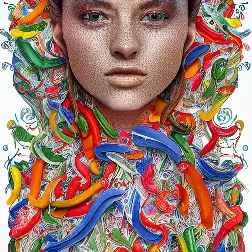 Prompt: the portrait of a beautiful young woman partially made up of bell peppers of all colors, an ultrafine detailed illustration by james jean, intricate linework, bright colors, final fantasy, behance contest winner, vanitas, angular, altermodern, unreal engine 5 highly rendered, global illumination, radiant light, detailed and intricate environment