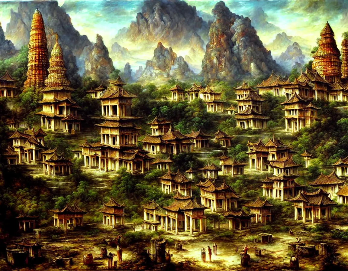 Prompt: hyper realistic detailed oil painting of ancient lost town of shangrila, 8 k ultra hd, by jan matejko