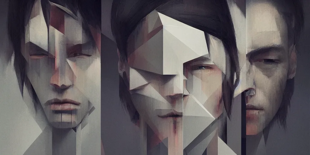 Image similar to highly detailed portrait of a portrait geometric face modernist bauhaus minimalism, by greg rutkowski and fujimoto tatsuki, dramatic lighting, dynamic pose, dynamic perspective