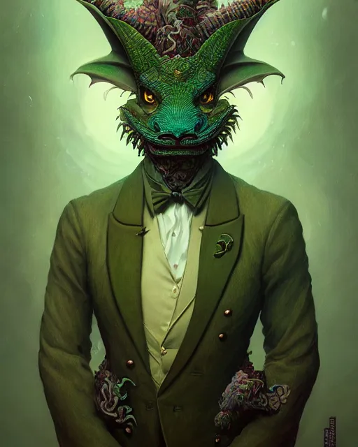 Image similar to anthropomorphic art of a detective dragon, green dragon, portrait, victorian inspired clothing by artgerm, victo ngai, ryohei hase, artstation. fractal papersand books. highly detailed digital painting, smooth, global illumination, fantasy art by greg rutkowsky, karl spitzweg