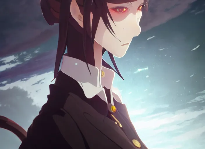 Prompt: portrait of inquisitor maria, helm of second world war warship in background, fog landscape, illustration concept art anime key visual trending pixiv fanbox by wlop and greg rutkowski and makoto shinkai and studio ghibli and kyoto animation, dark fantasy, symmetrical facial features, astral witch clothes, dieselpunk, gapmoe yandere grimdark, backlit