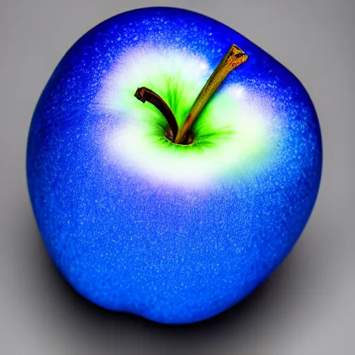 Image similar to professional photo of an apple that is blue, with a glowing gold aura around it, highly detailed, extremely high quality, hd, 4 k, 8 k, professional photographer, 4 0 mp, canon 3 0 0 mm, lifelike, top - rated, award winning, realistic, detailed lighting, detailed shadows, sharp, no blur, edited, corrected, trending