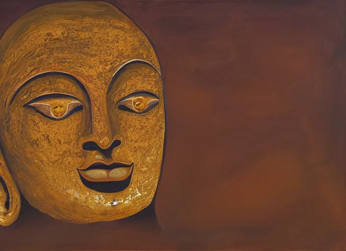 Image similar to a painting of giant buddahs eyes floating in the desert in gold color palette