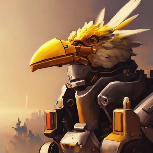 Image similar to greg manchess portrait painting of fully armored chocobo on top of a huge mecha as overwatch character, totally whack, medium shot, asymmetrical, profile picture, organic painting, sunny day, matte painting, bold shapes, hard edges, street art, trending on artstation, by huang guangjian and gil elvgren and sachin teng