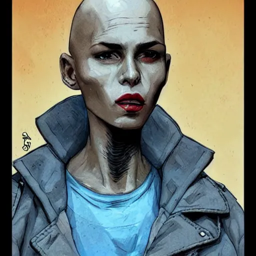 Image similar to intricate portrait, pure skin, bald, short blue hair, in the style of enki bilal!