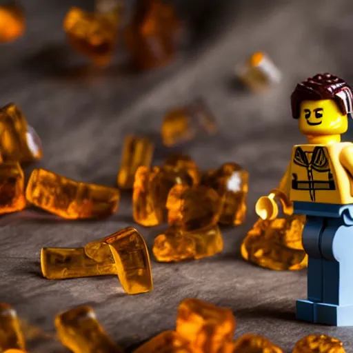 Prompt: a lego figure encased in amber