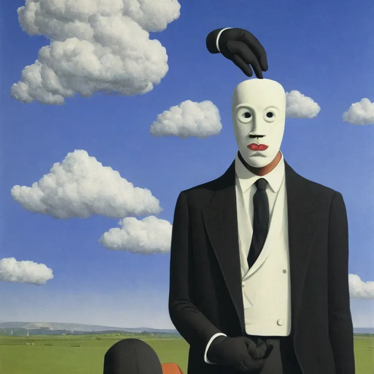 Prompt: portrait of a faceless chrome - head man in a suit and black gloves, clouds and nature landscape in the background, by rene magritte, detailed painting, distance, centered, hd, hq, high resolution, high detail, 4 k, 8 k