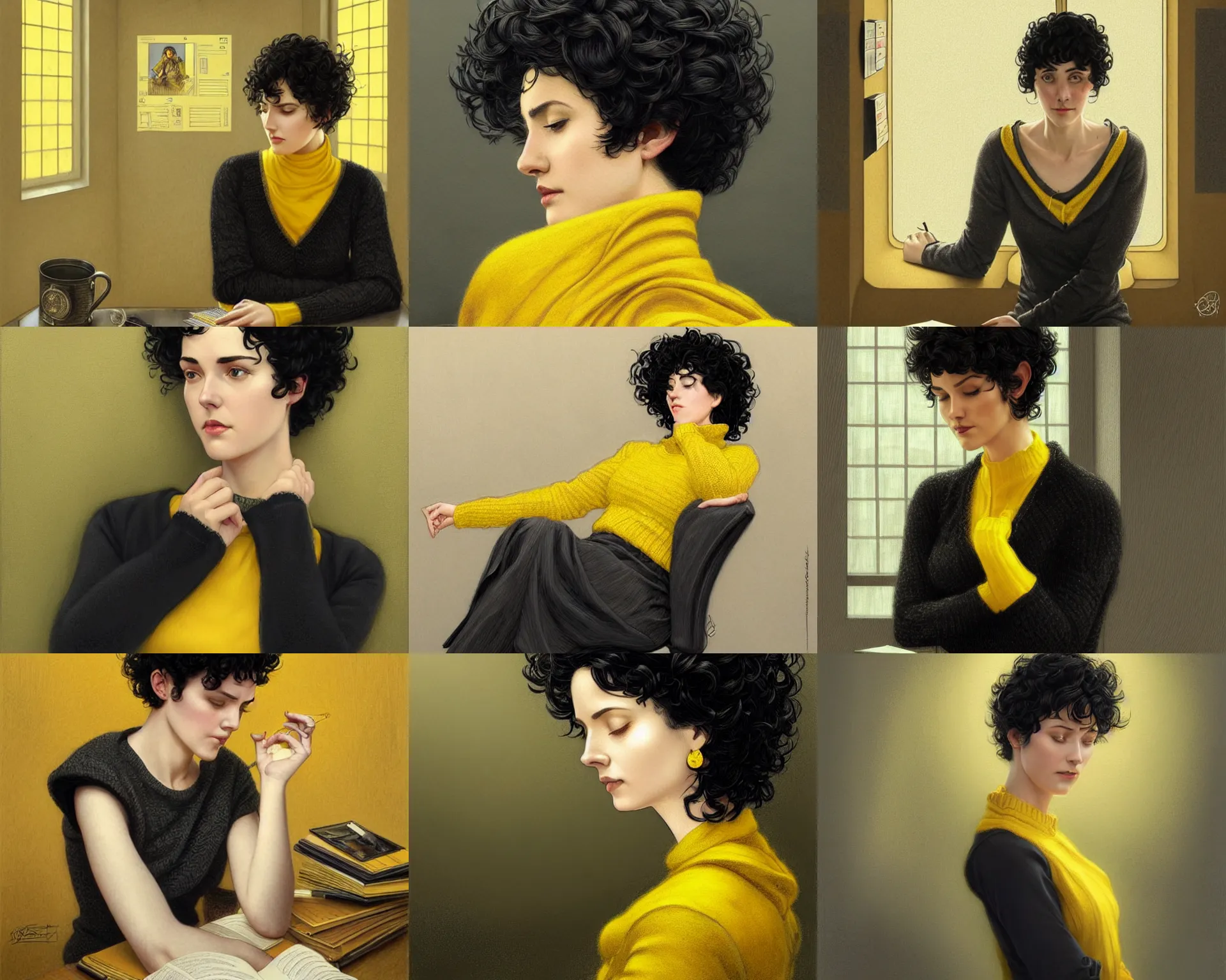 Prompt: tired woman with short curly black hair resting at her office, wearing yellow sweater and grey skirt, deep focus, d & d, fantasy, intricate, elegant, highly detailed, digital painting, artstation, concept art, matte, sharp focus, illustration, hearthstone, art by artgerm and greg rutkowski and alphonse mucha