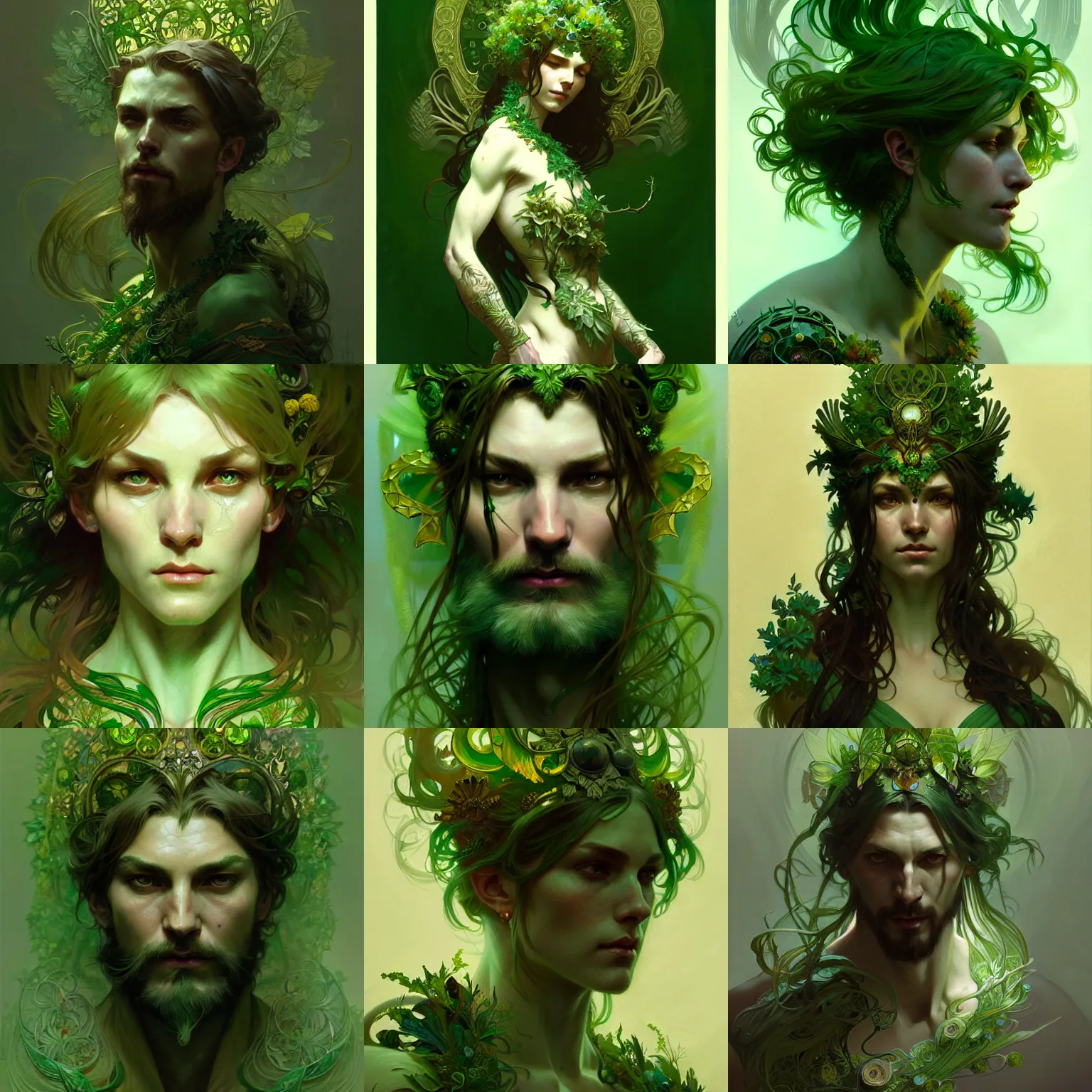 Prompt: Green Man, druid, fantasy, intricate, elegant, highly detailed, digital painting, artstation, concept art, smooth, sharp focus, illustration, art by Krenz Cushart and Artem Demura and alphonse mucha