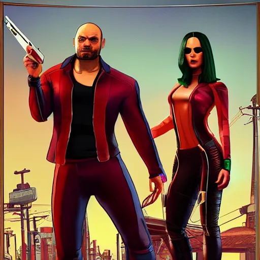 Prompt: Drax and Mantis from Guardians of the Galaxy movie poster GTA style