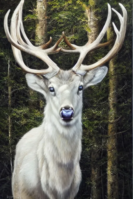 Image similar to an oil painting of the king of the forest: a white stag, beautiful, fantasy, hyper realistic, dramatic lighting