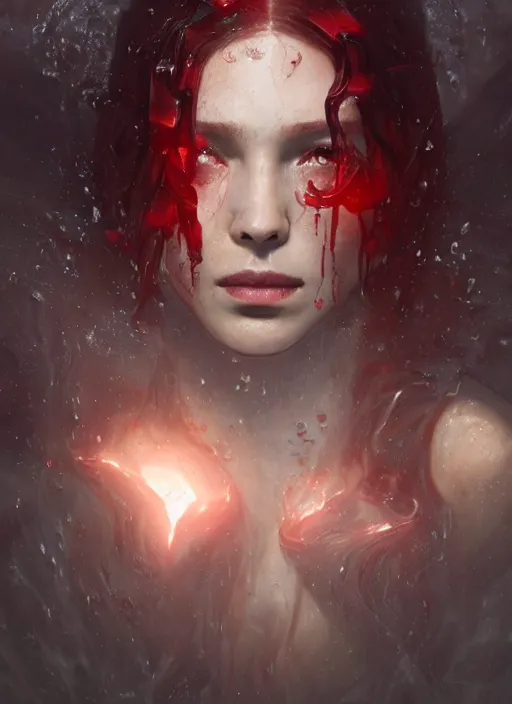 Image similar to A fancy portrait of the Scarlet Witch submerged in water by Greg Rutkowski, Sung Choi, Mitchell Mohrhauser, Maciej Kuciara, Johnson Ting, Maxim Verehin, Peter Konig, Bloodborne, 8k photorealistic, cinematic lighting, HD, high details, dramatic, atmospheric , trending on artstation