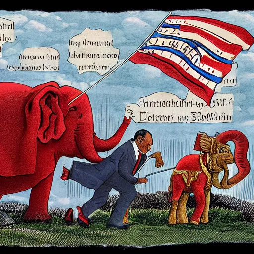 Image similar to Clarence Thomas and Samuel Alito riding a red elephant holding an American flag with its trunk while trampling the grave of Ruth Bader Ginsburg