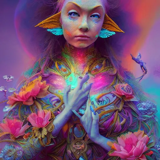 Image similar to 🧚‍♀️🧚‍♀️🧚‍♀️🧚‍♀️✨✨💀🫧, rendered in octane, photorealism, by Ansel Adams David Suh Lisa Frank Peter Mohrbacher Artgerm