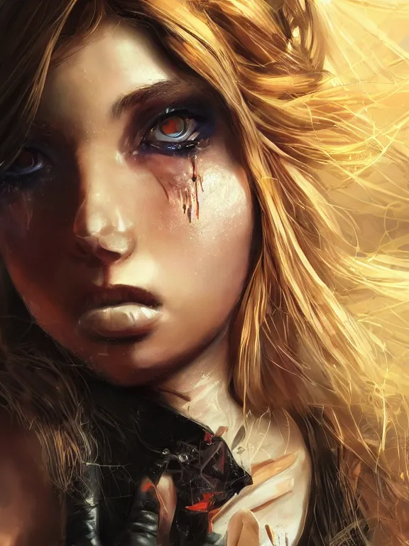 Image similar to digital illustration of a girl with eyes that burn like cigarettes wearing a short skirt and a long jacket with fingernails that shine like justice, dramatic lighting, photorealistic, full body shot, full body portrait, extreme detail, 4 k, colorful, artgerm and craig mullins, detailed face, m f / 2. 8