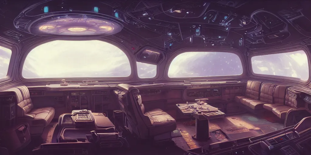 Image similar to highly detailed interior of a retro spaceship with large windows, stephen bliss, unreal engine, greg rutkowski, ilya kuvshinov, ross draws, hyung tae and frank frazetta, tom bagshaw, tom whalen, nicoletta ceccoli, mark ryden, earl norem, global illumination, god rays, detailed and intricate environment