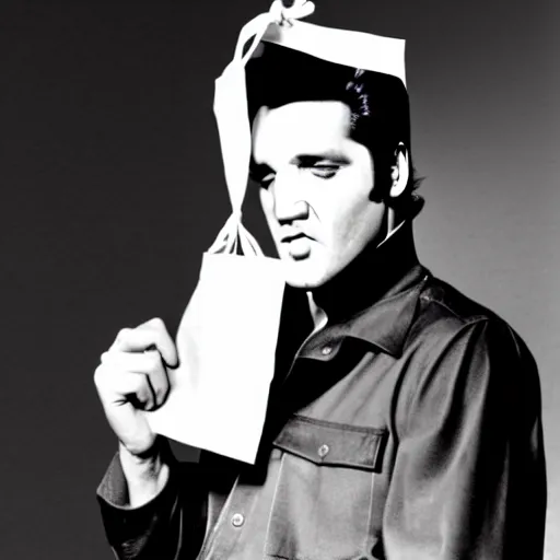 Prompt: a photo of elvis presley. a man with a paper bag on his head. a paper bag covering elvis presley's face