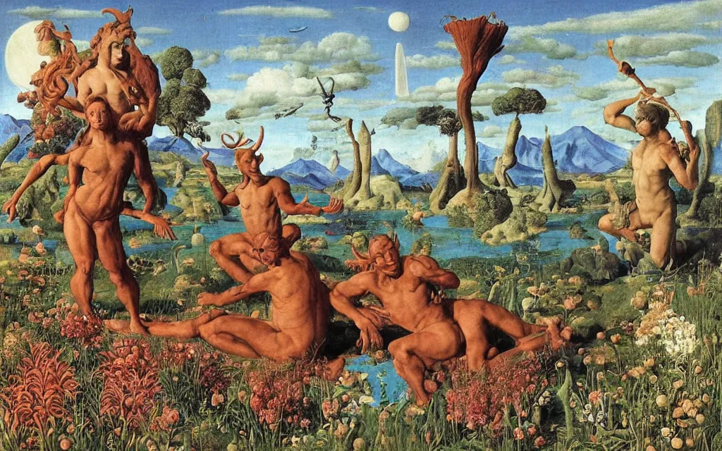 Image similar to a portrait photograph of a meditating satyr and a centaur monk riding a rocket machine and hunting at a river delta. surrounded by bulbous flowers and trees. mountain range under a blue sky of fiery stars. by jan van eyck, max ernst, ernst haeckel, ernst fuchs and artgerm, cgsociety, fashion editorial, 8 k